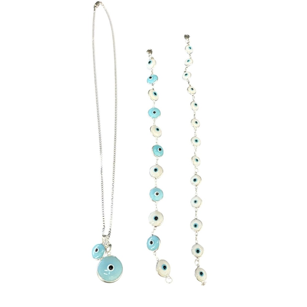 925 Sterling Silver Evil Eye Jewelry‎ Set Blue & White Enamel Cuban Chain NEW